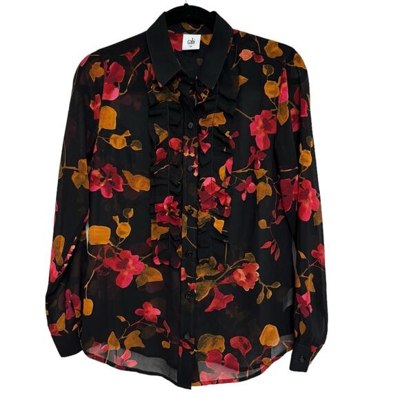 Cabi Ruffle Front Black Fall Floral Catherine Blouse - Size XS - Picture 1 of 5